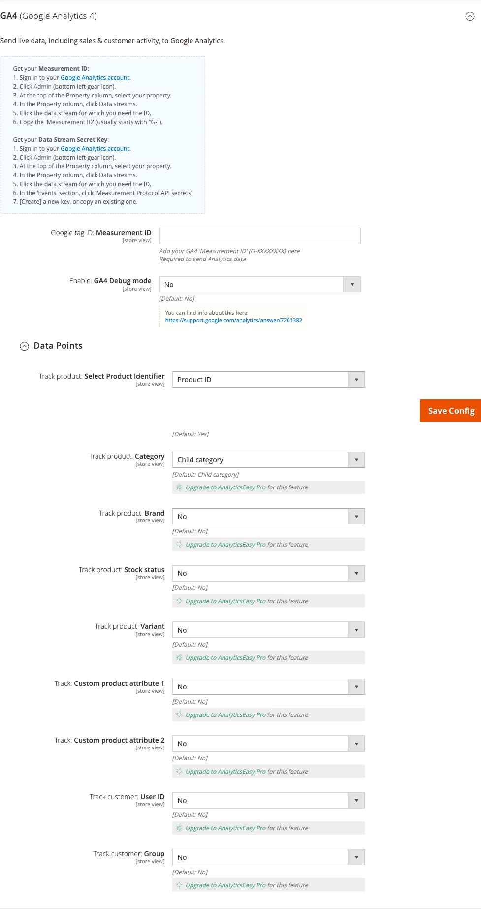 Data Points section with product identifier and tax settings