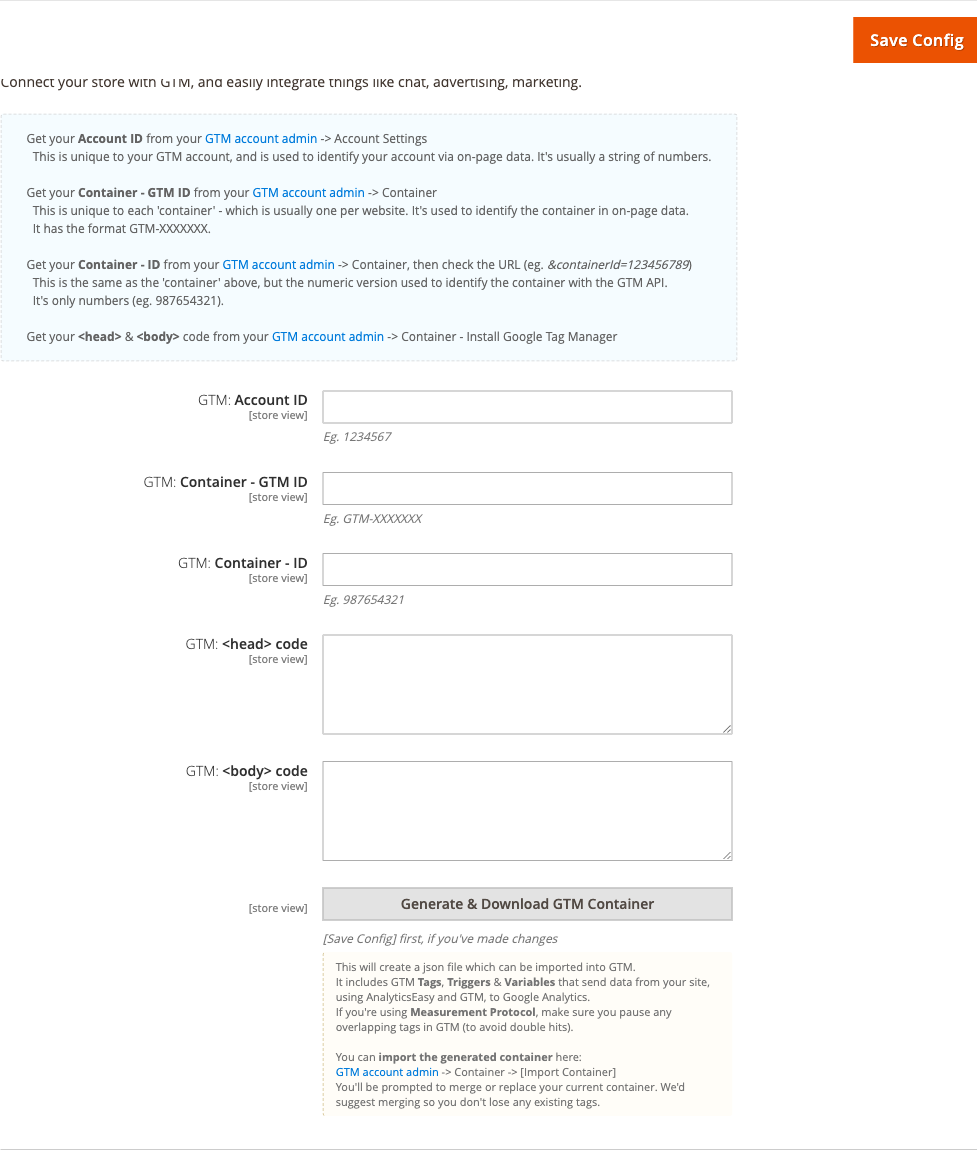 GTM section showing Account ID, Container ID, and code snippet fields