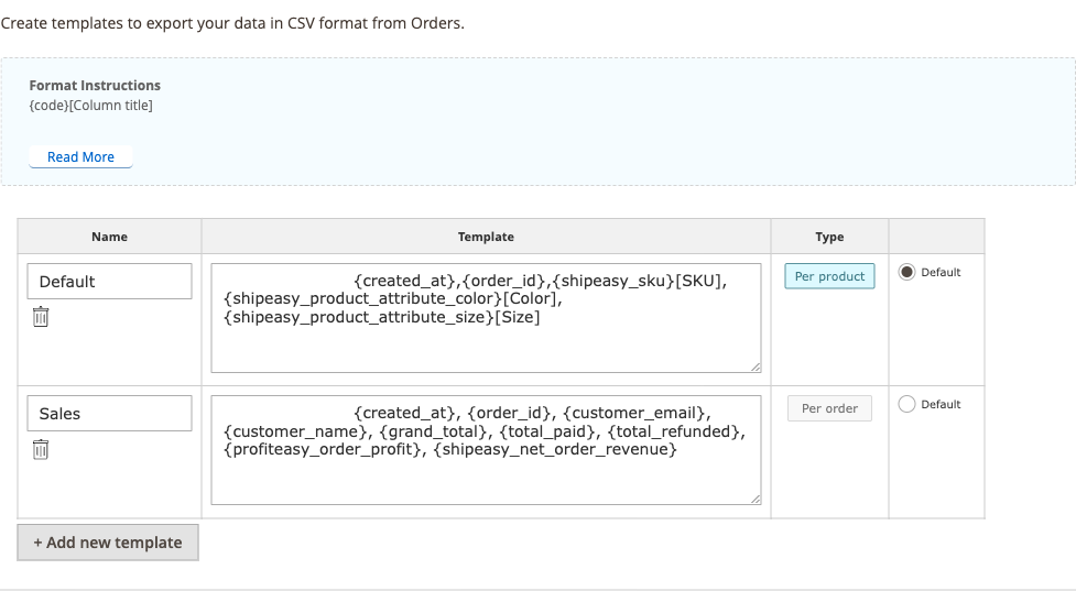 CSV Export Templates config group