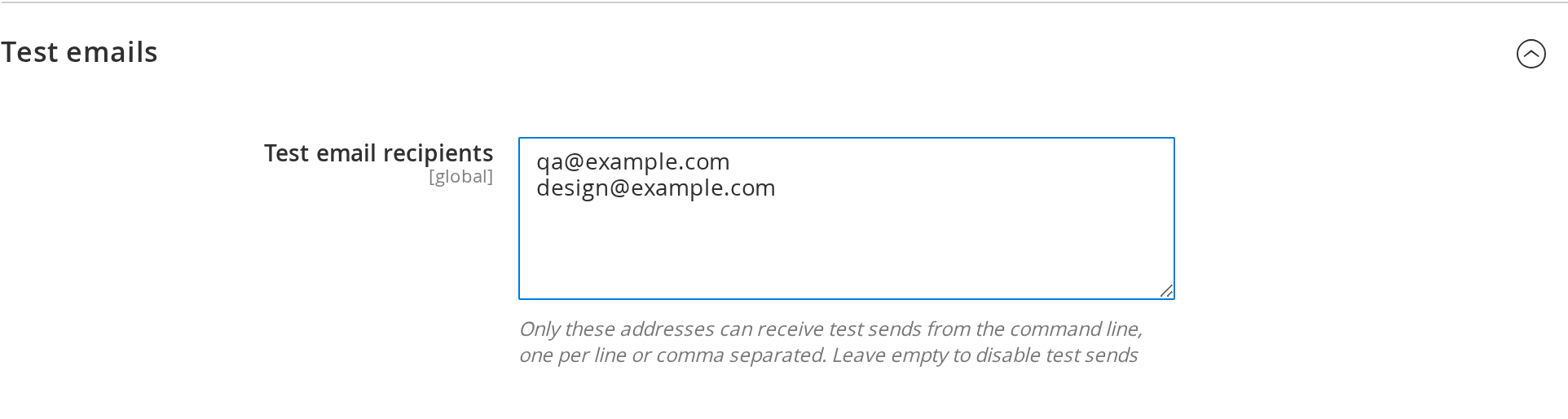 Test emails settings