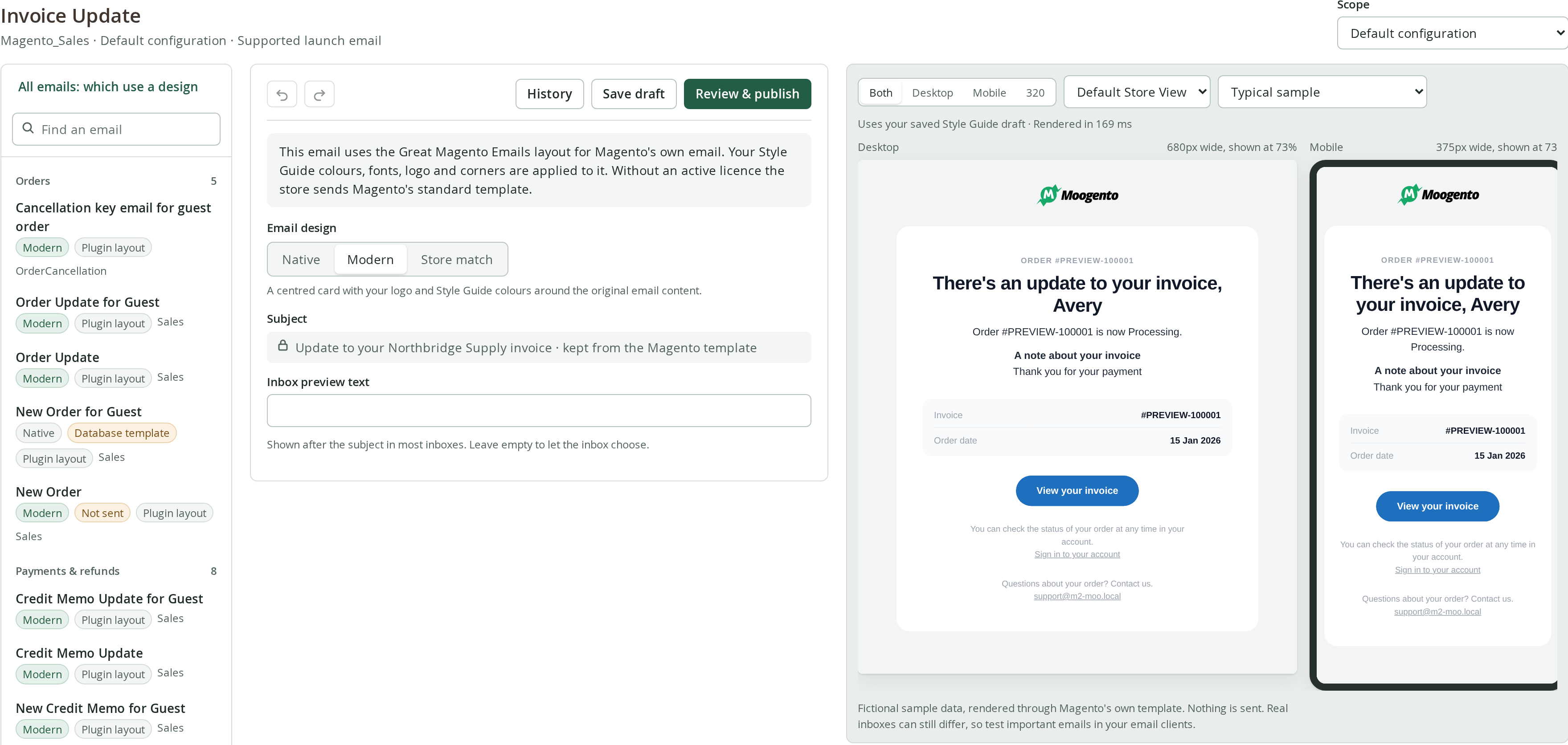 The Email studio showing the email library, the editor and a desktop and mobile preview of the Invoice Update email using the Modern design