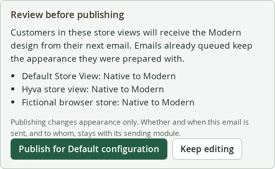 The Review before publishing panel listing the store views that will change