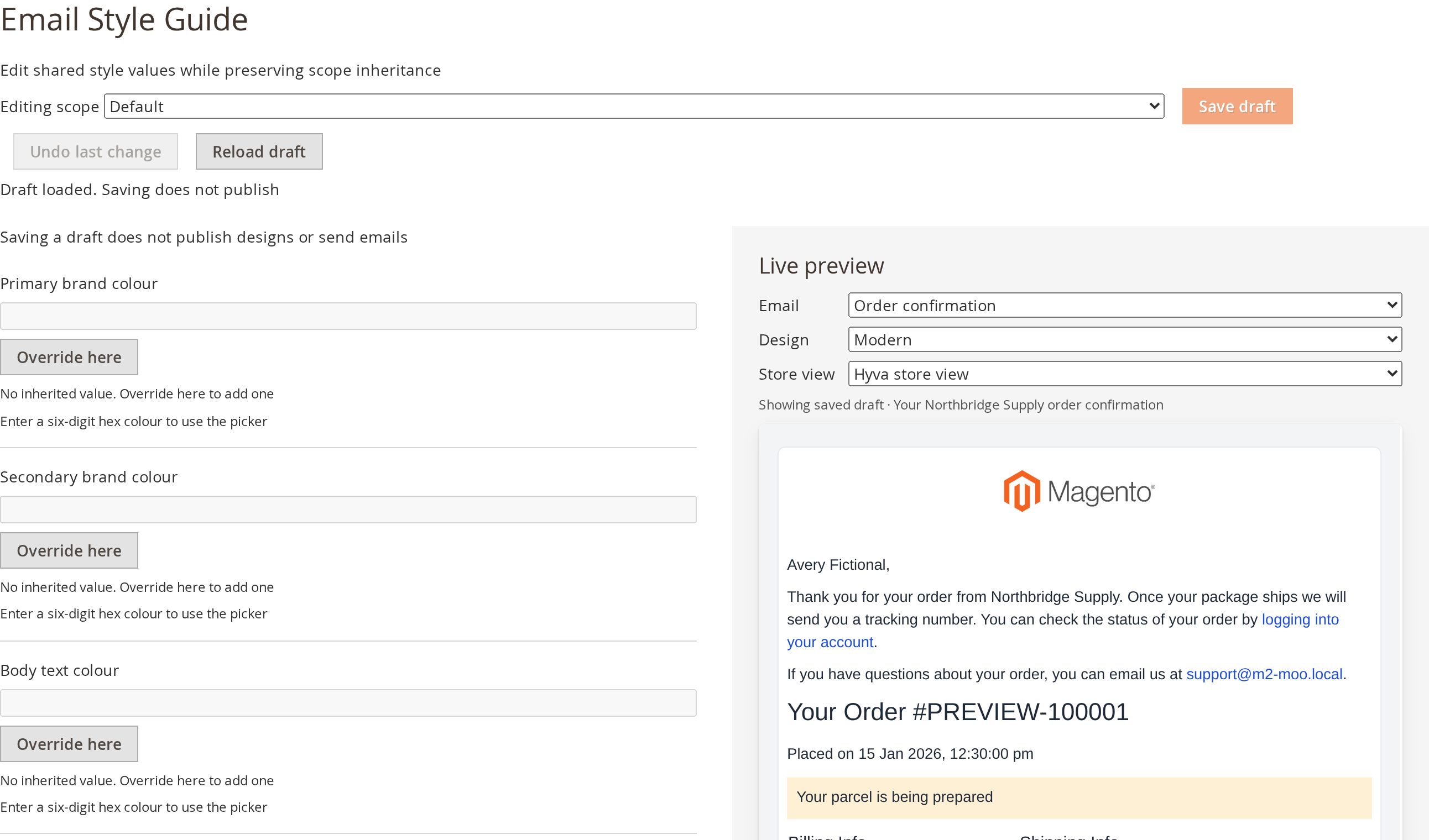 The Style Guide with colour fields on the left and a live email preview on the right