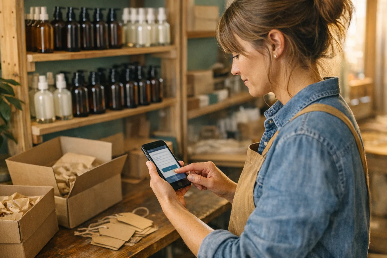 Shopper signing up for a restock alert on a phone beside packed shelves