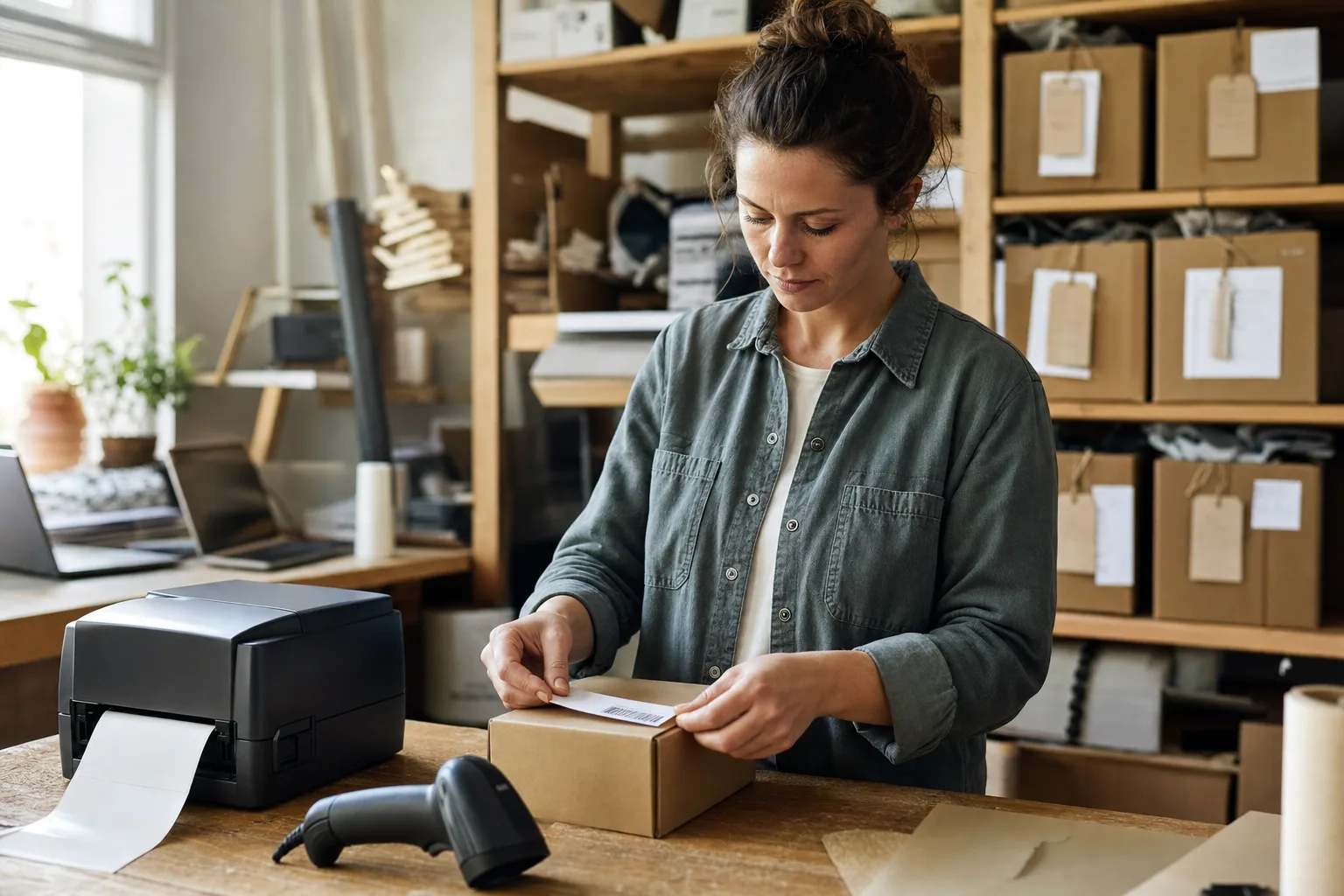 Warehouse worker printing and applying product barcode labels