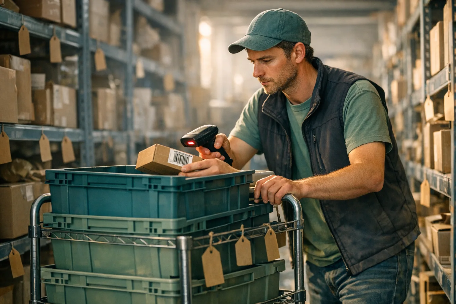 Warehouse worker picking multiple orders onto a trolley