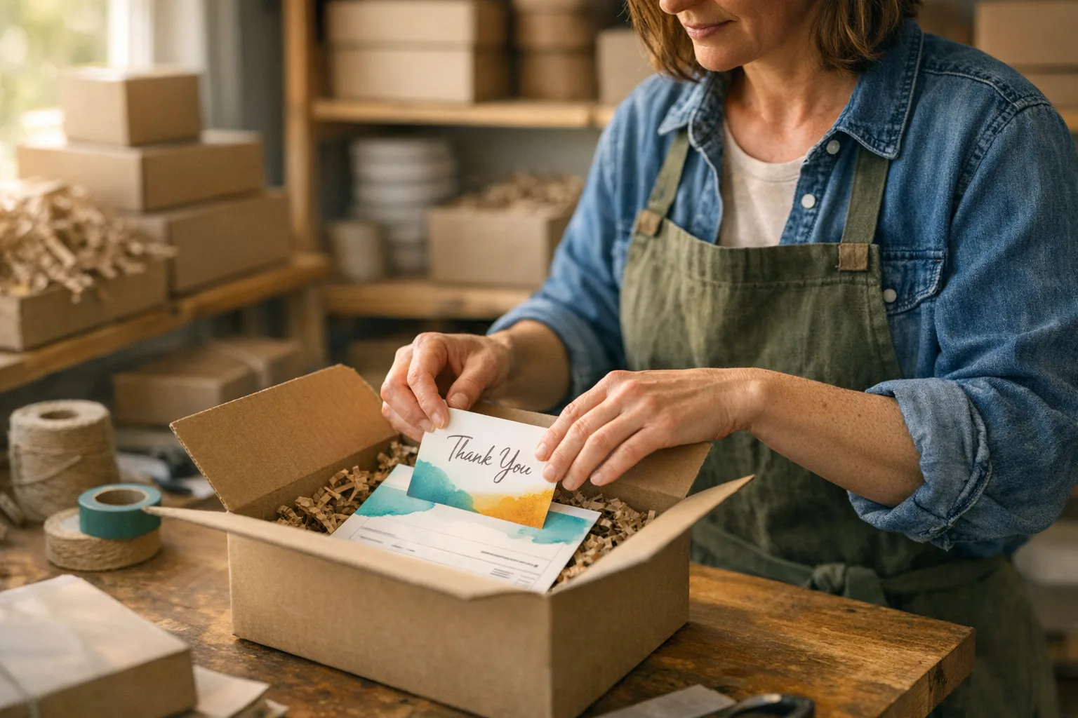 Business owner adding a branded packing slip and thank-you card to a parcel