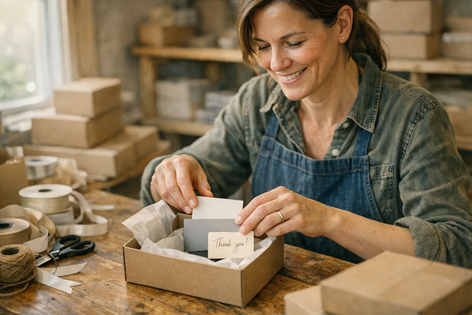 Store owner adding a gift card and thank-you note to a parcel