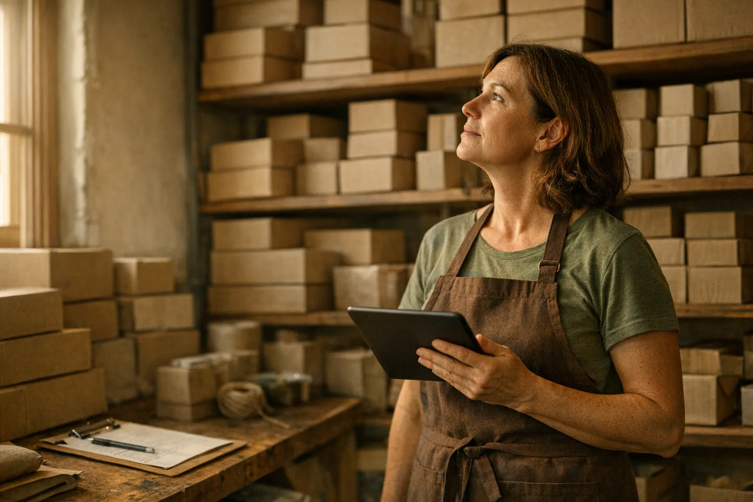 Store owner checking stock levels in a small warehouse