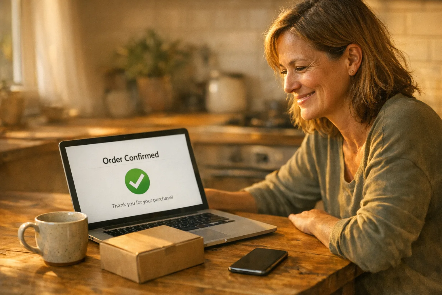 Customer smiling at an order confirmation screen moments after buying