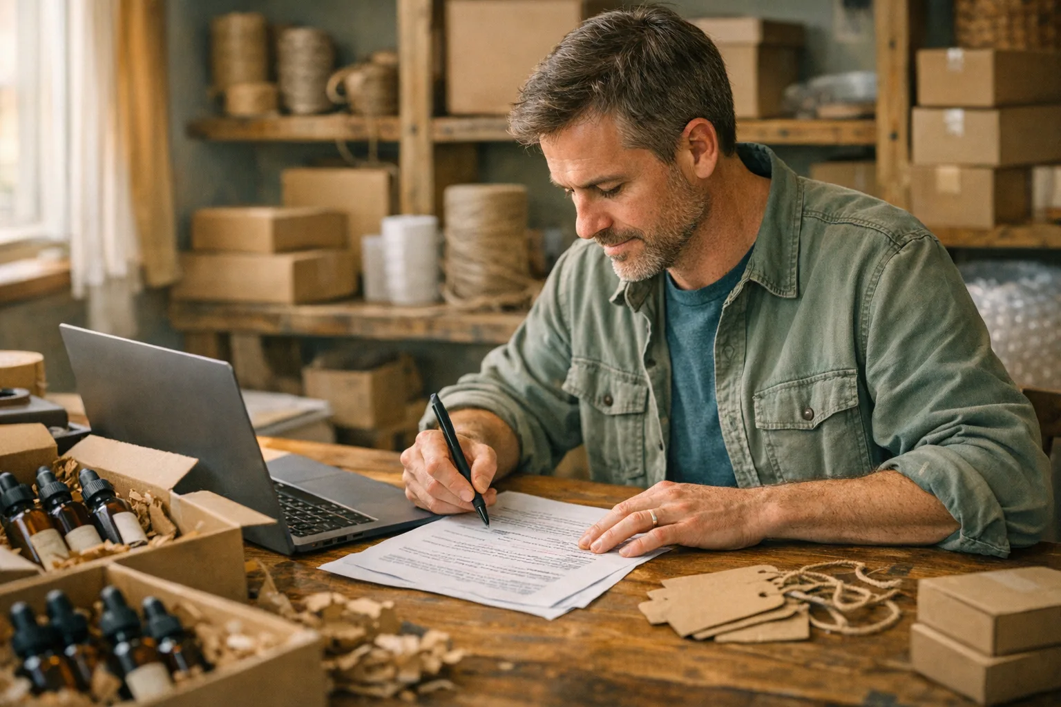 Merchant reviewing AI product description drafts candid lifestyle scene