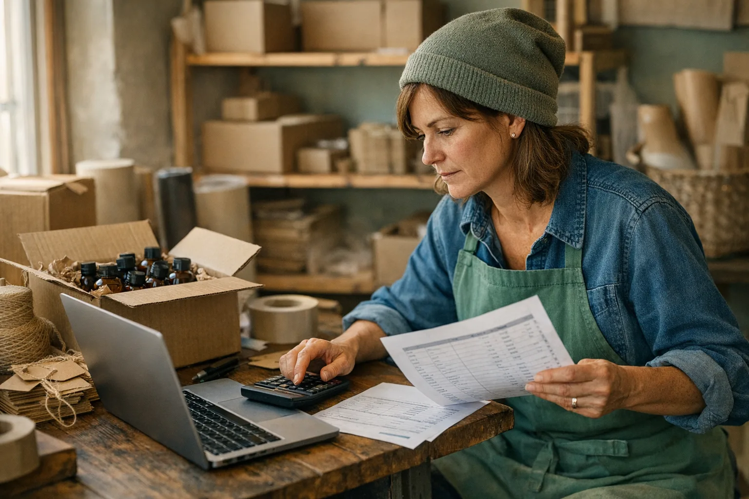 Small business owner checking order margins editorial lifestyle scene