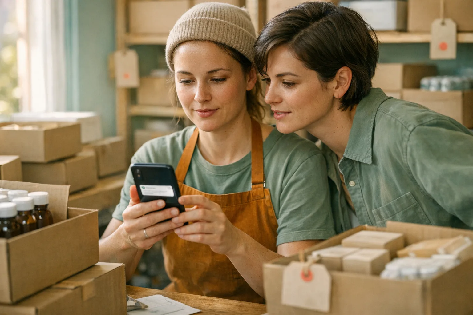 Warehouse team glancing at a store alert on a phone