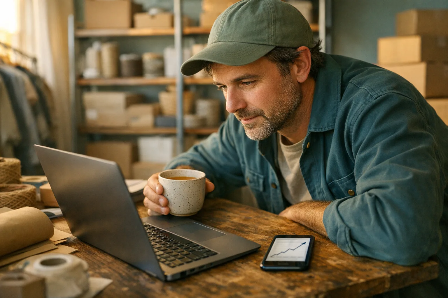 Store owner watching live sales during a campaign editorial lifestyle scene