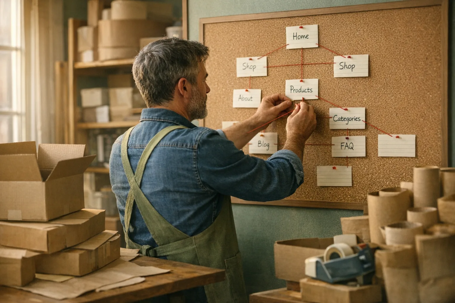 Store owner checking sitemap coverage candid lifestyle scene