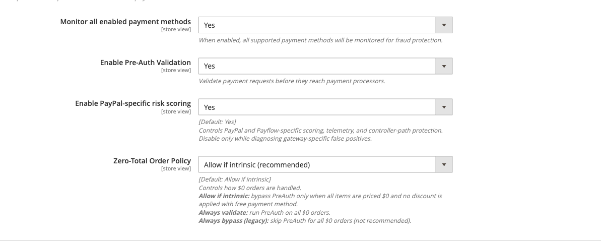 Advanced: Payment Method Protection config group