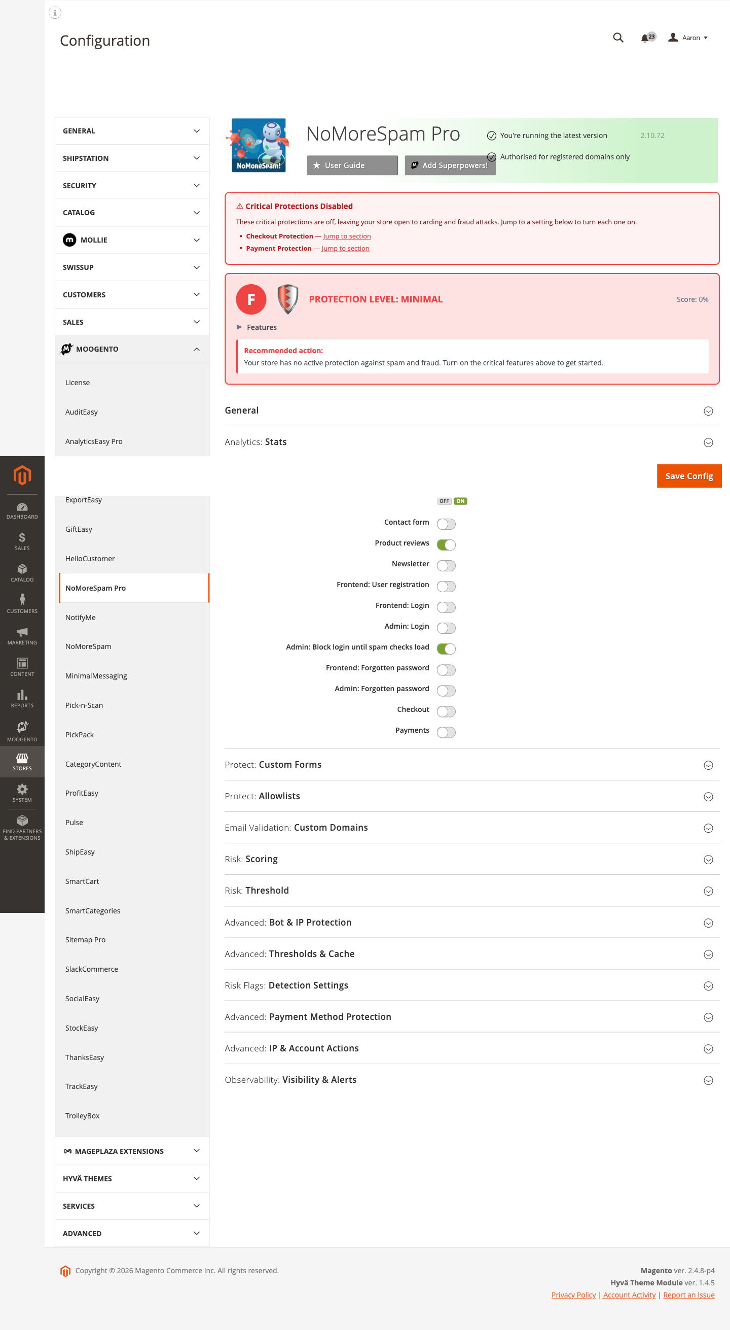 NoMoreSpam Pro - Protect: Specific Sections config group