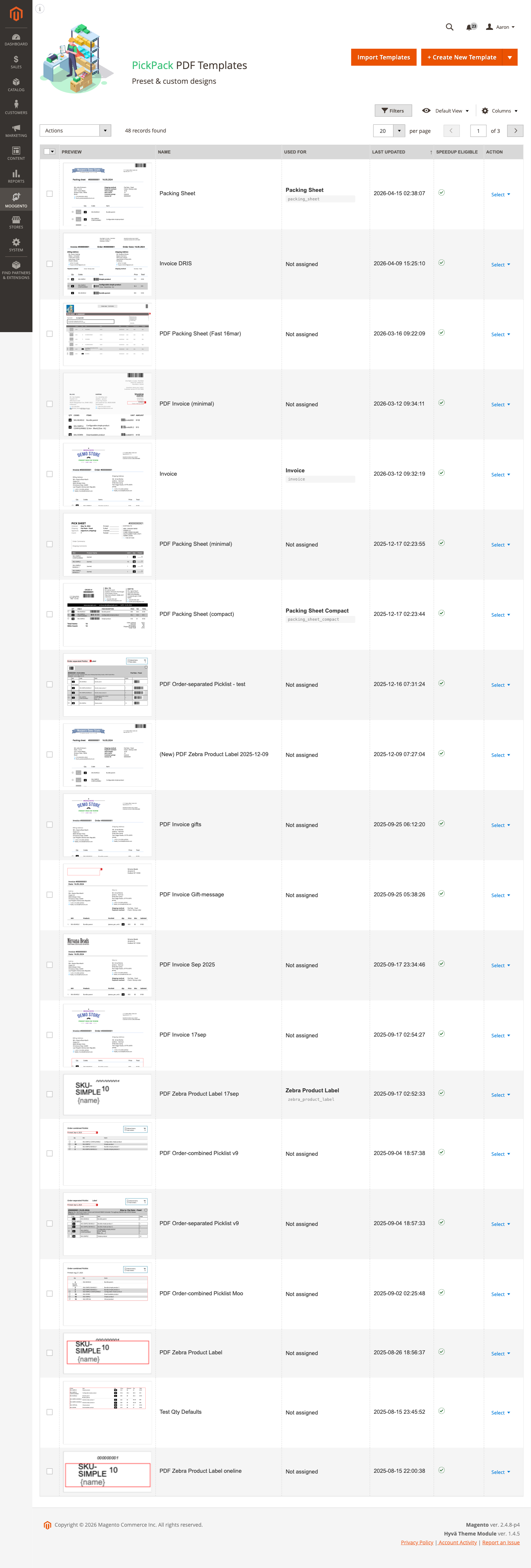 PickPack PDF template editor showing template list and duplicate button