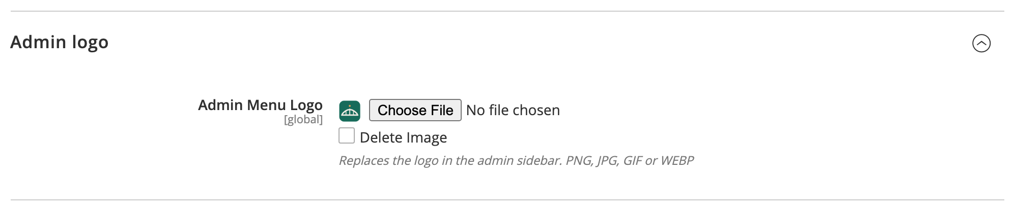 The Admin logo config group with a custom sidebar logo uploaded