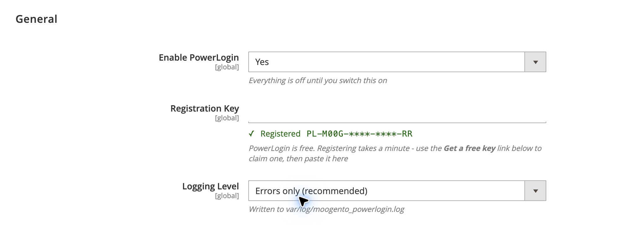The General config group showing the master switch and registered key