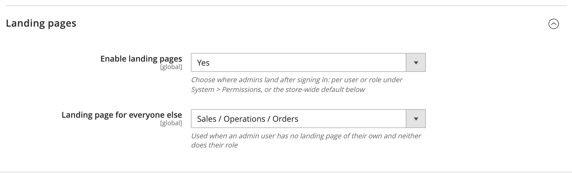 The Landing pages config group with a store-wide default page chosen