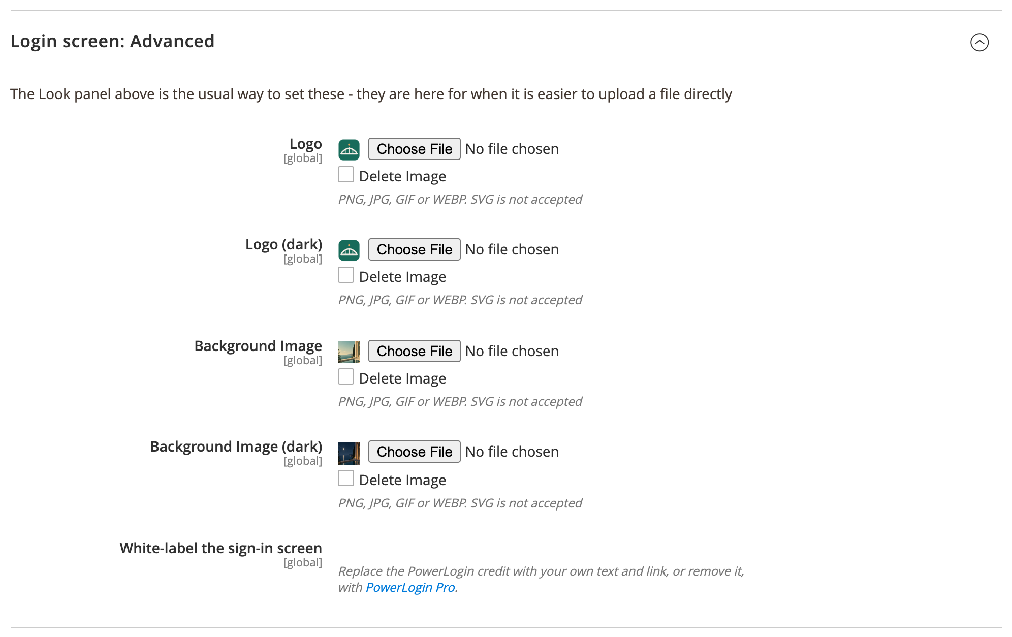 The Login screen Advanced config group with the four upload fields