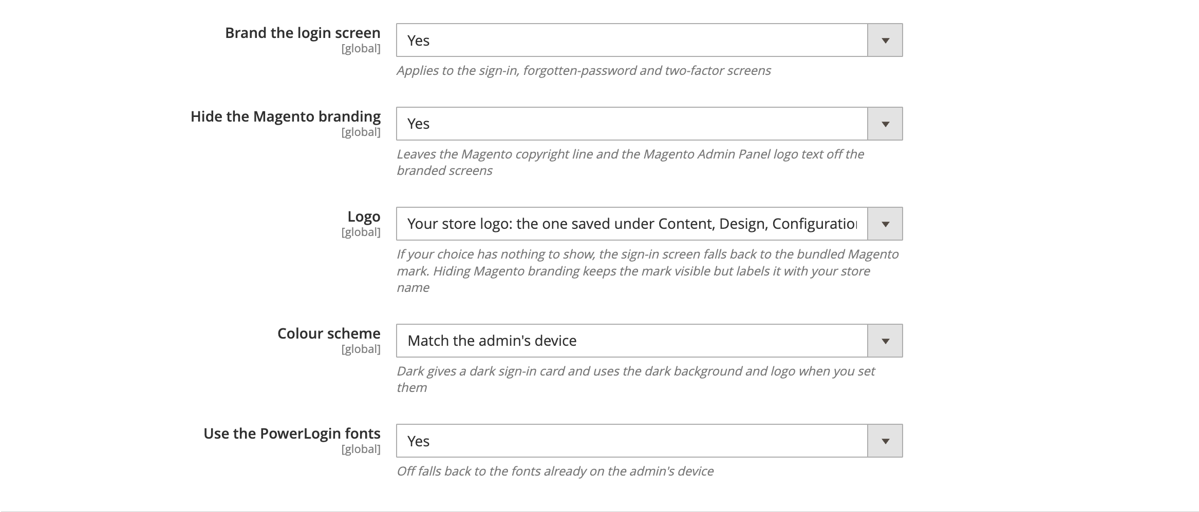 The Login screen controls for branding, logo and colour scheme