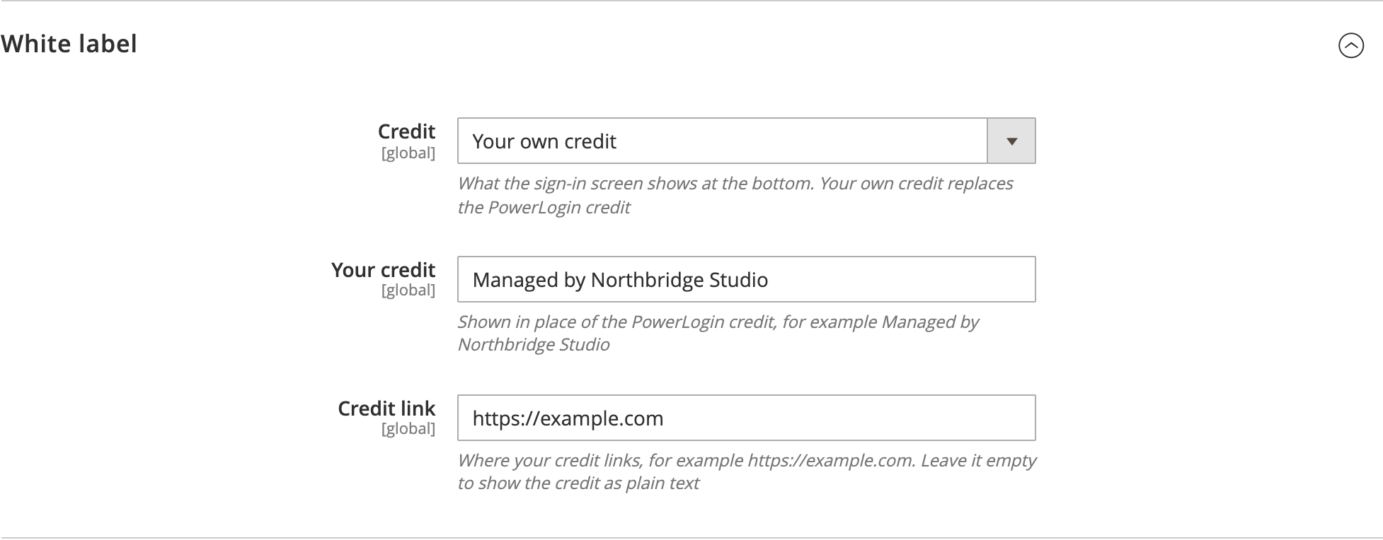 The White label config group with a custom credit and link entered