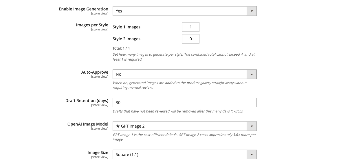Image Generation config group showing style count allocator, auto-approve, and image size settings