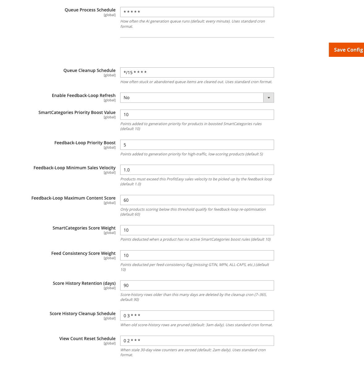 Scheduled Jobs config group showing cron expression fields and retention settings
