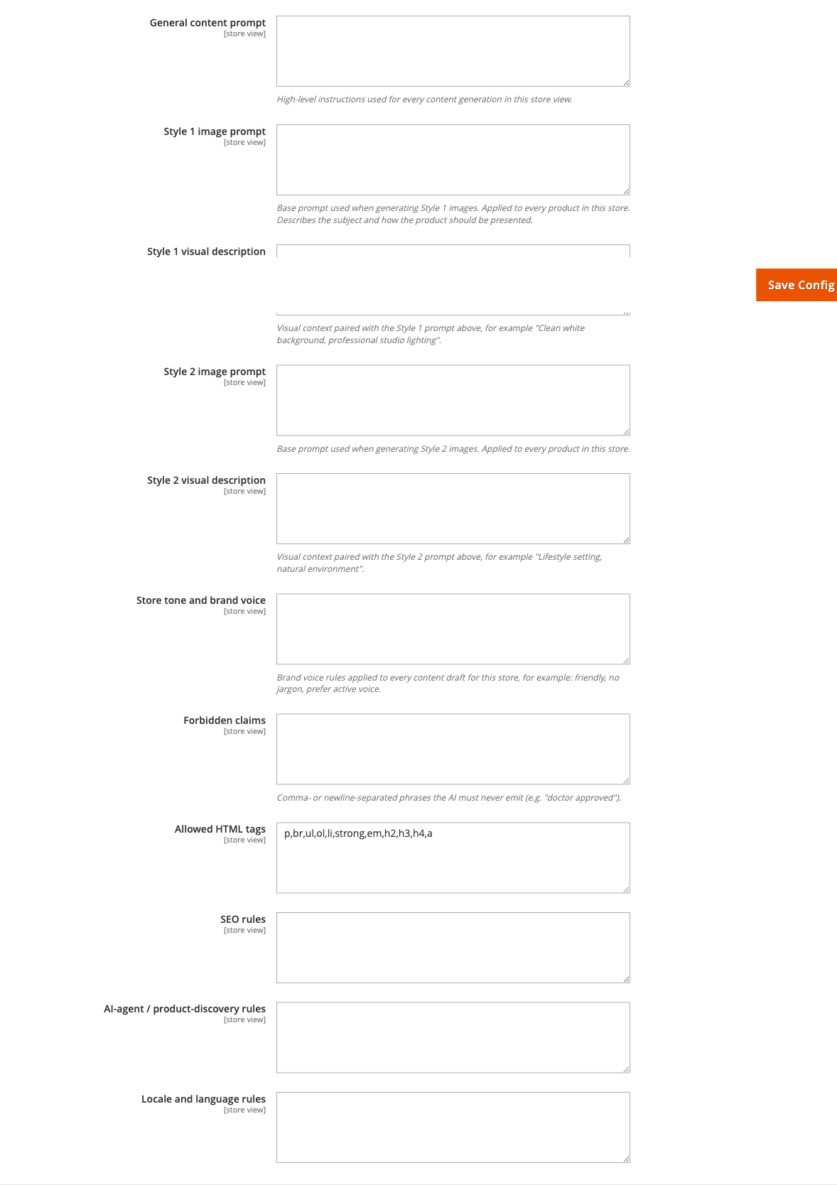 Store Prompts config group showing tone, forbidden claims, and SEO rules fields