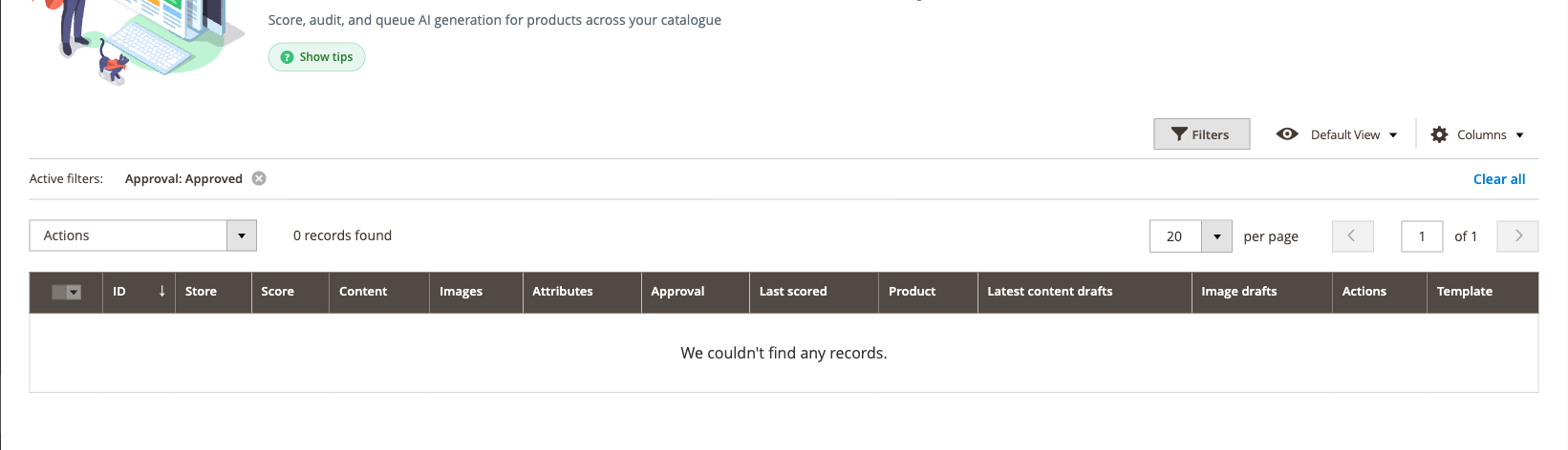 Products & Drafts grid showing content score chiclets, status badges, and draft review modal