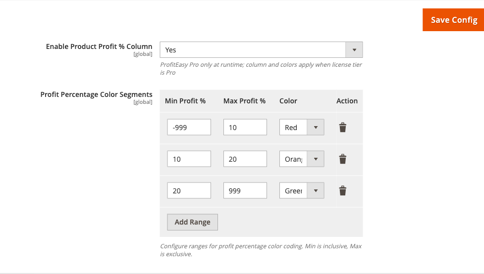Product Grid Profit config group