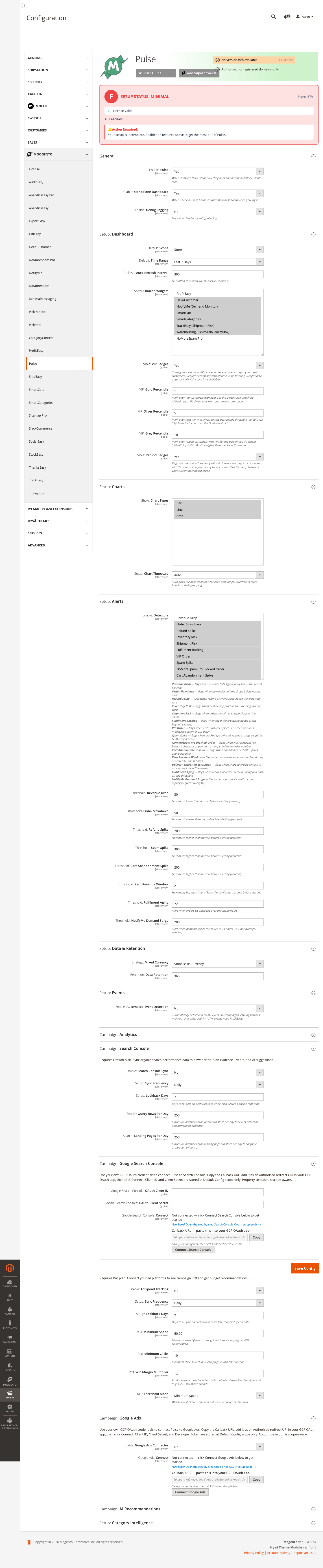 Pulse Campaign: Ad Spend config group showing enable, sync frequency, lookback, and ROI thresholds