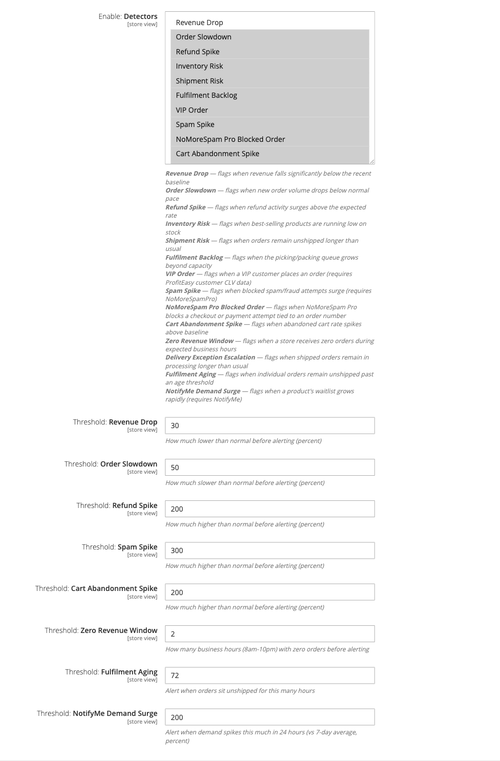 Pulse Setup: Alerts config group showing detector checklist and anomaly thresholds