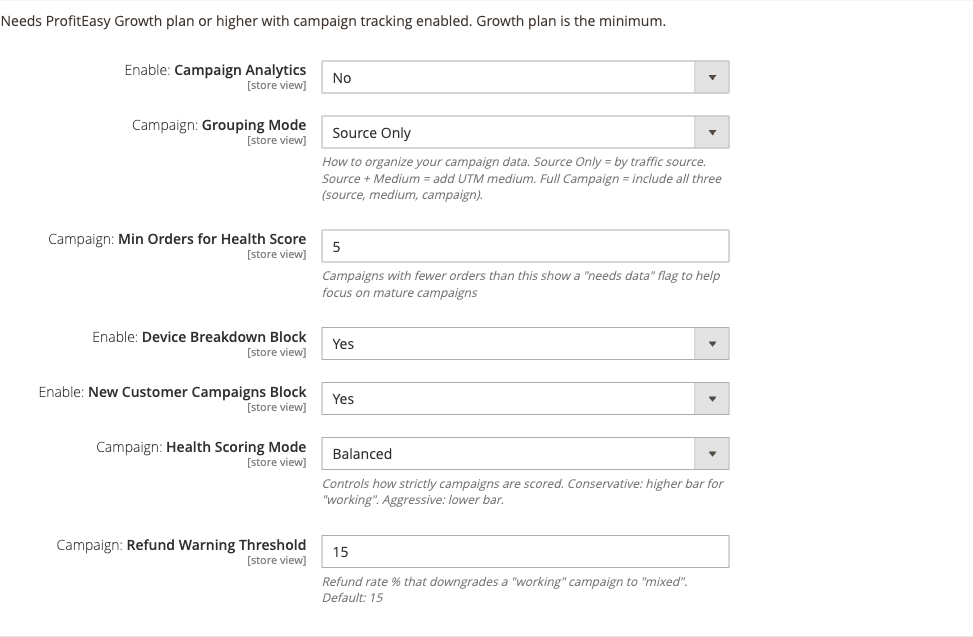 Pulse Campaign: Analytics config group showing enable toggle, grouping mode, and health scoring