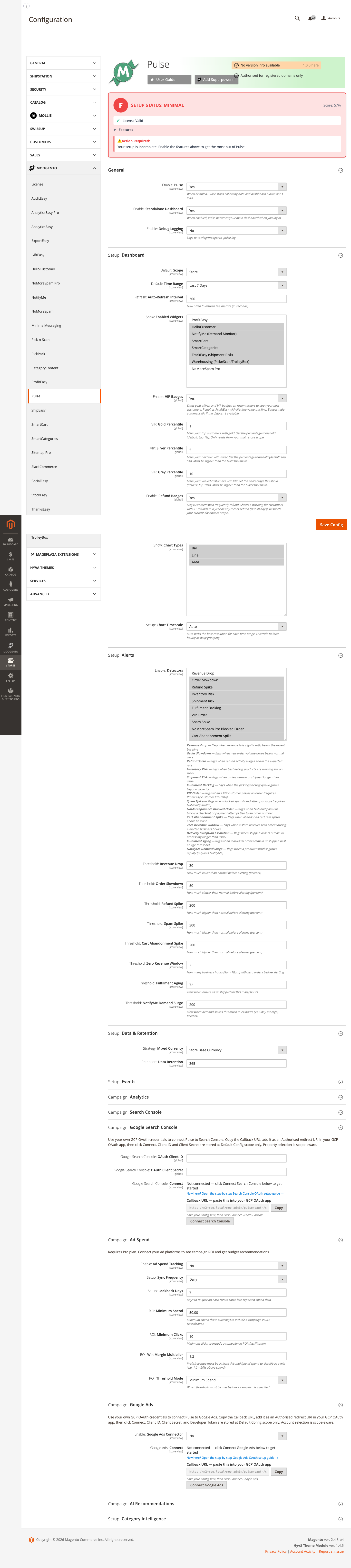 Pulse Setup: Charts config group showing chart type selector and timescale override