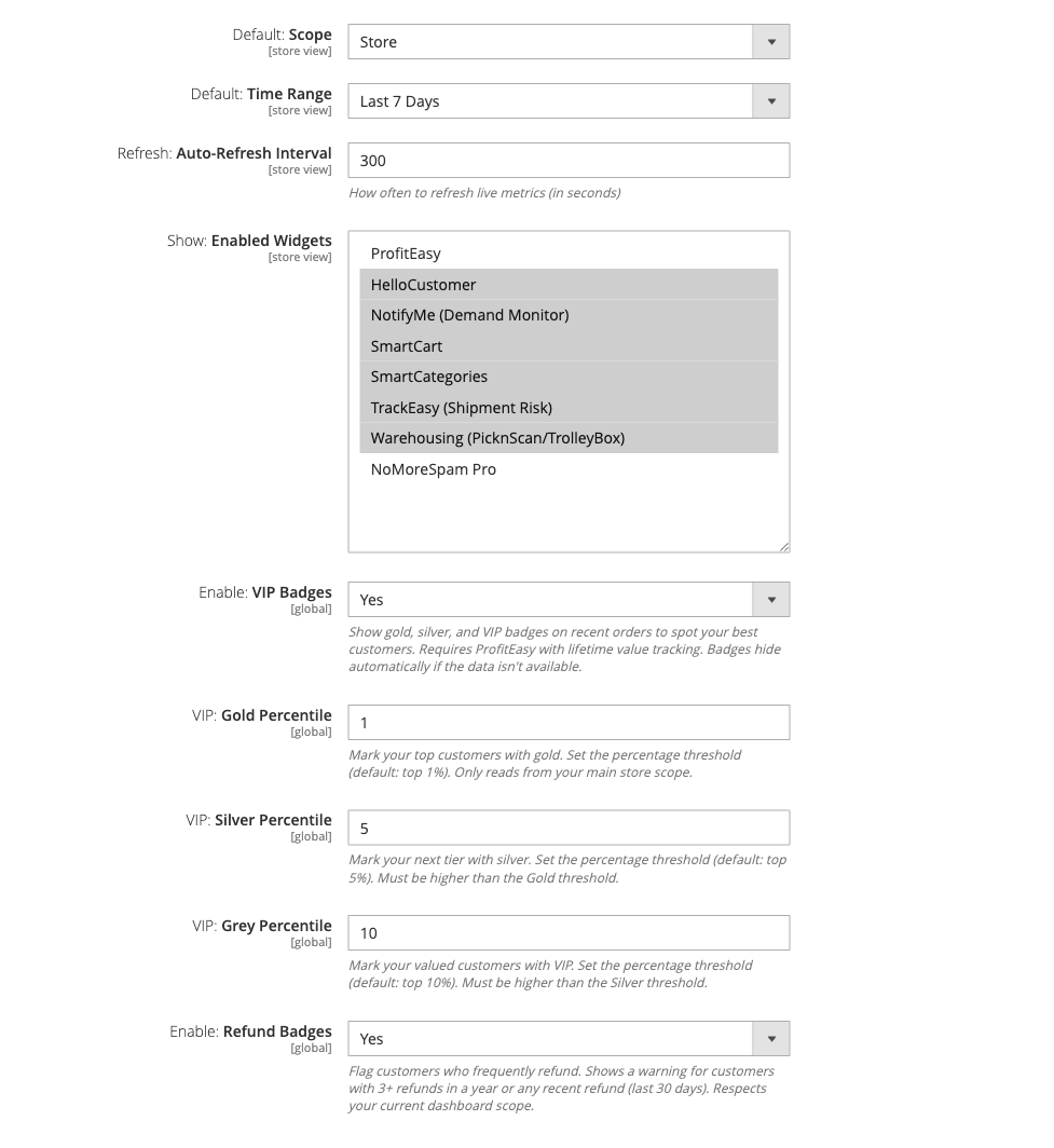 Pulse Setup: Dashboard config group showing scope, time range, widgets, and VIP badges