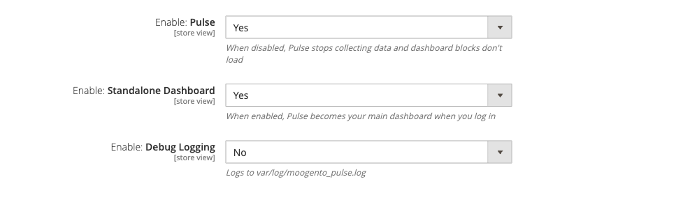 Pulse General config group showing enable, standalone dashboard, and debug logging toggles