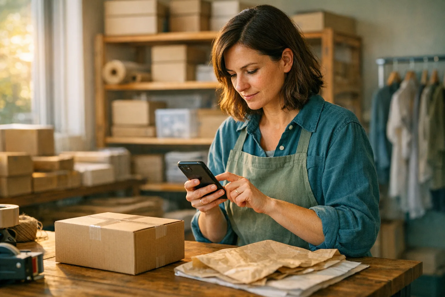 Small business owner packing orders and checking delivery status on a phone