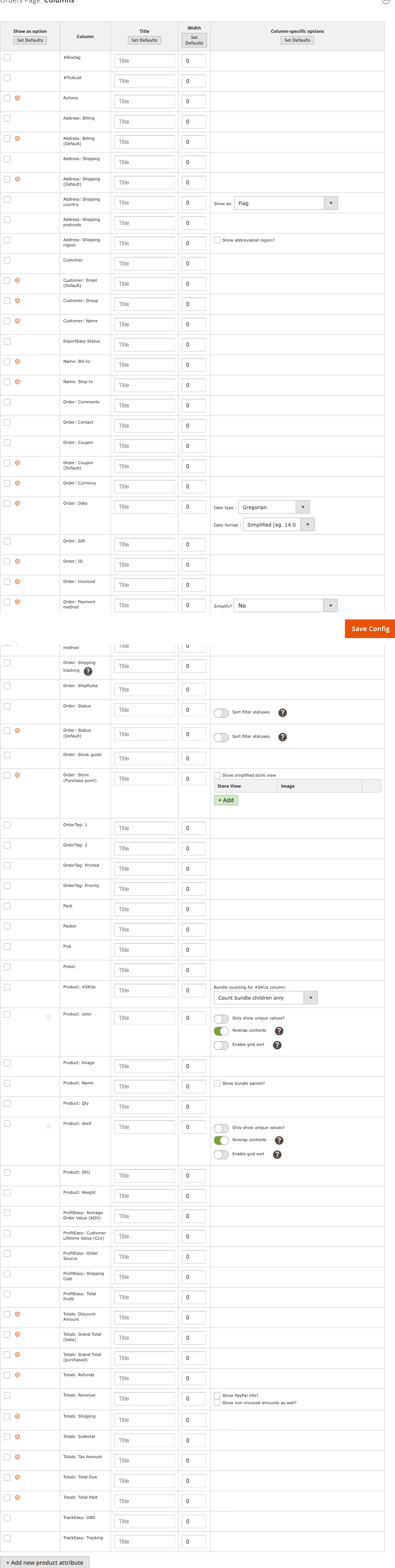 Orders Page: Columns configuration