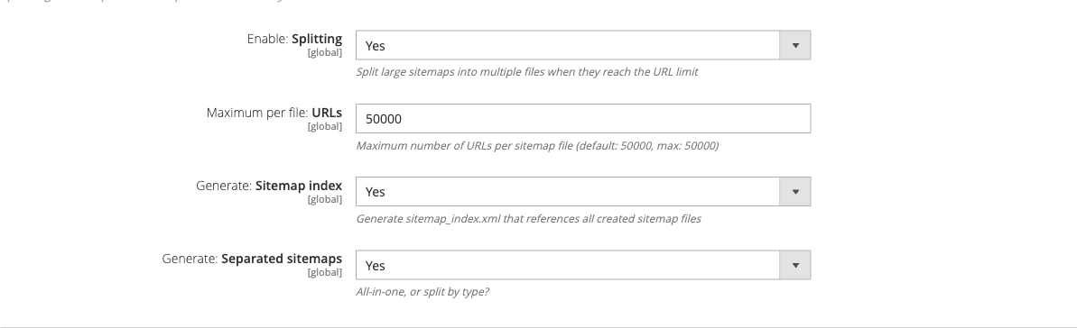 Sitemap splitting config group