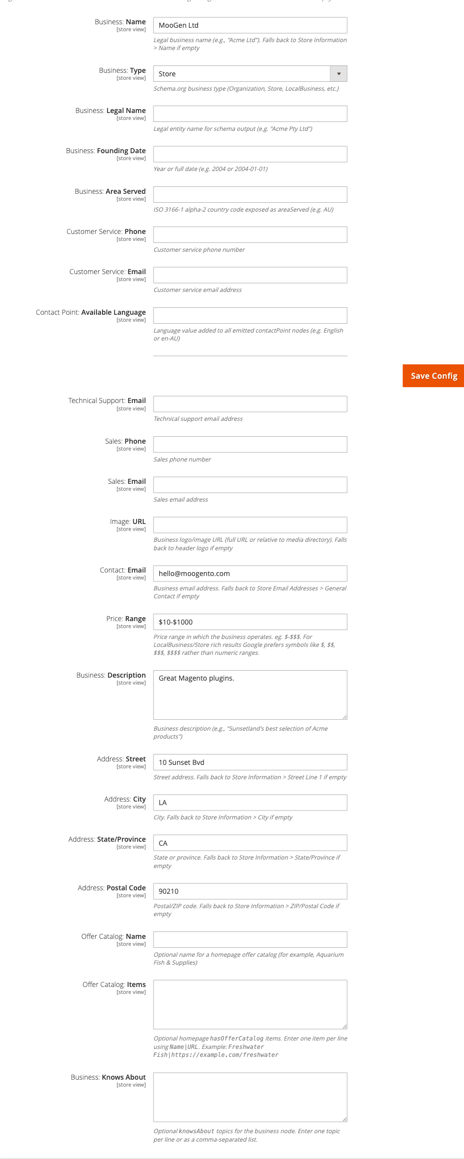 Business Information config group