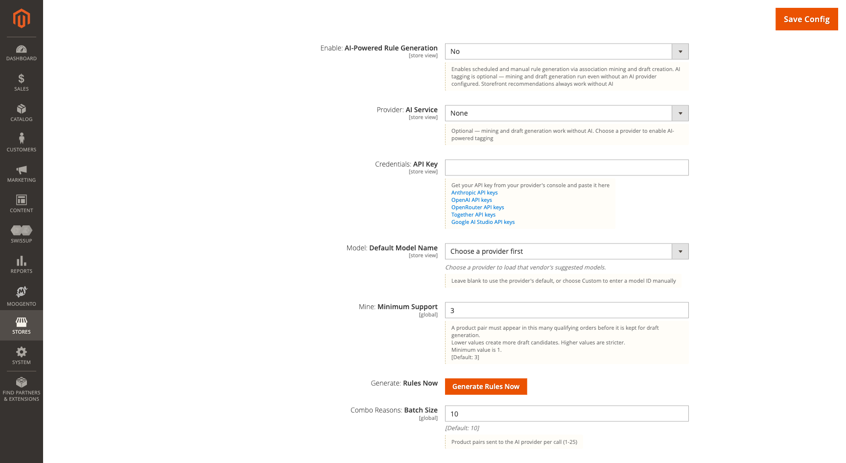 AI Settings configuration group including AI Combo Reasons fields