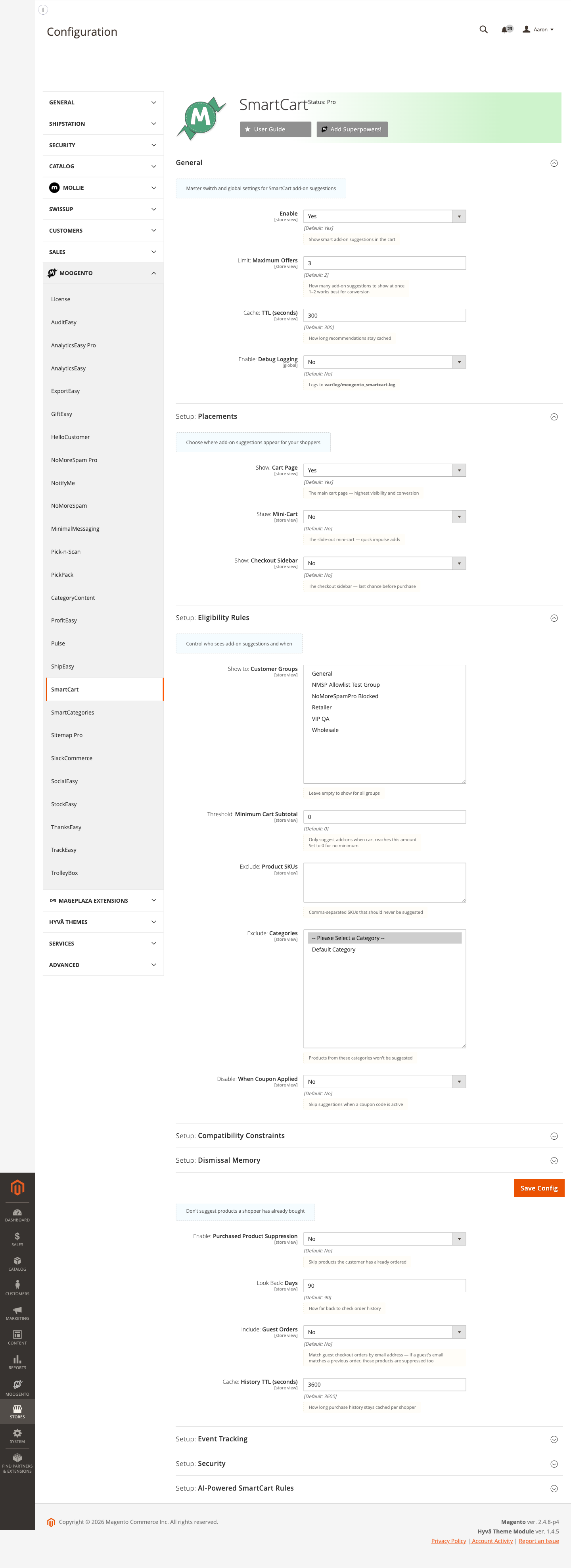 SmartCart Purchase History configuration group