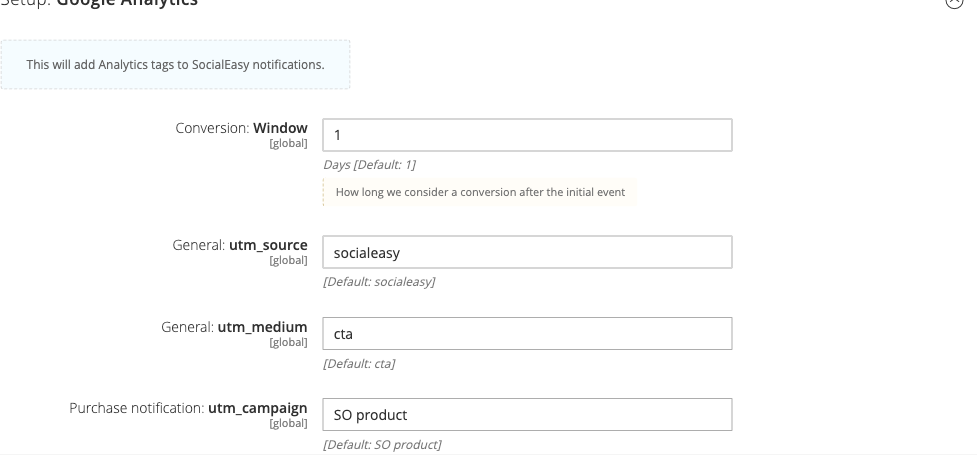 SocialEasy Google Analytics settings - UTM fields and conversion window