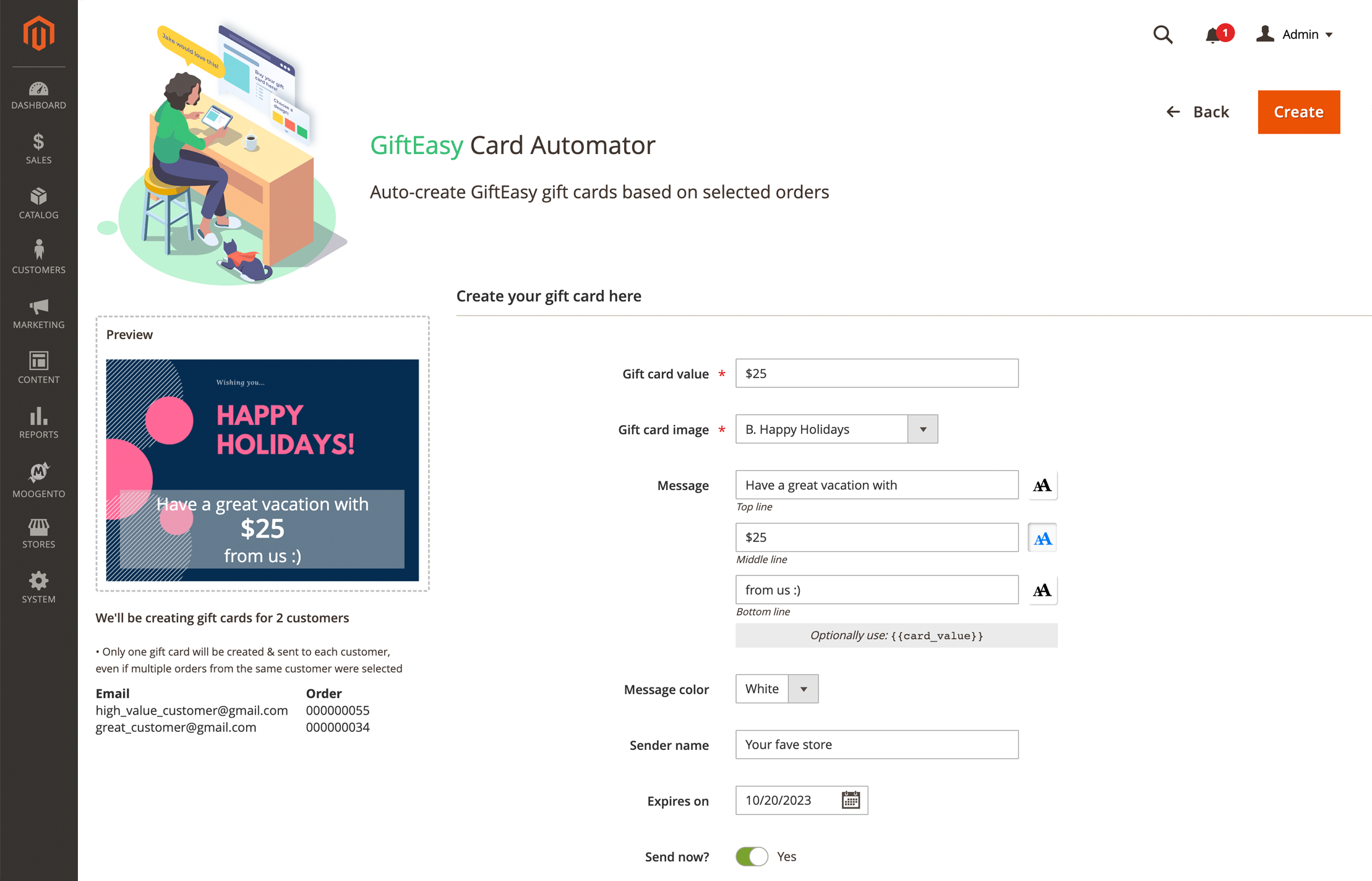 Magento gift card automator - bulk-send gift certificates