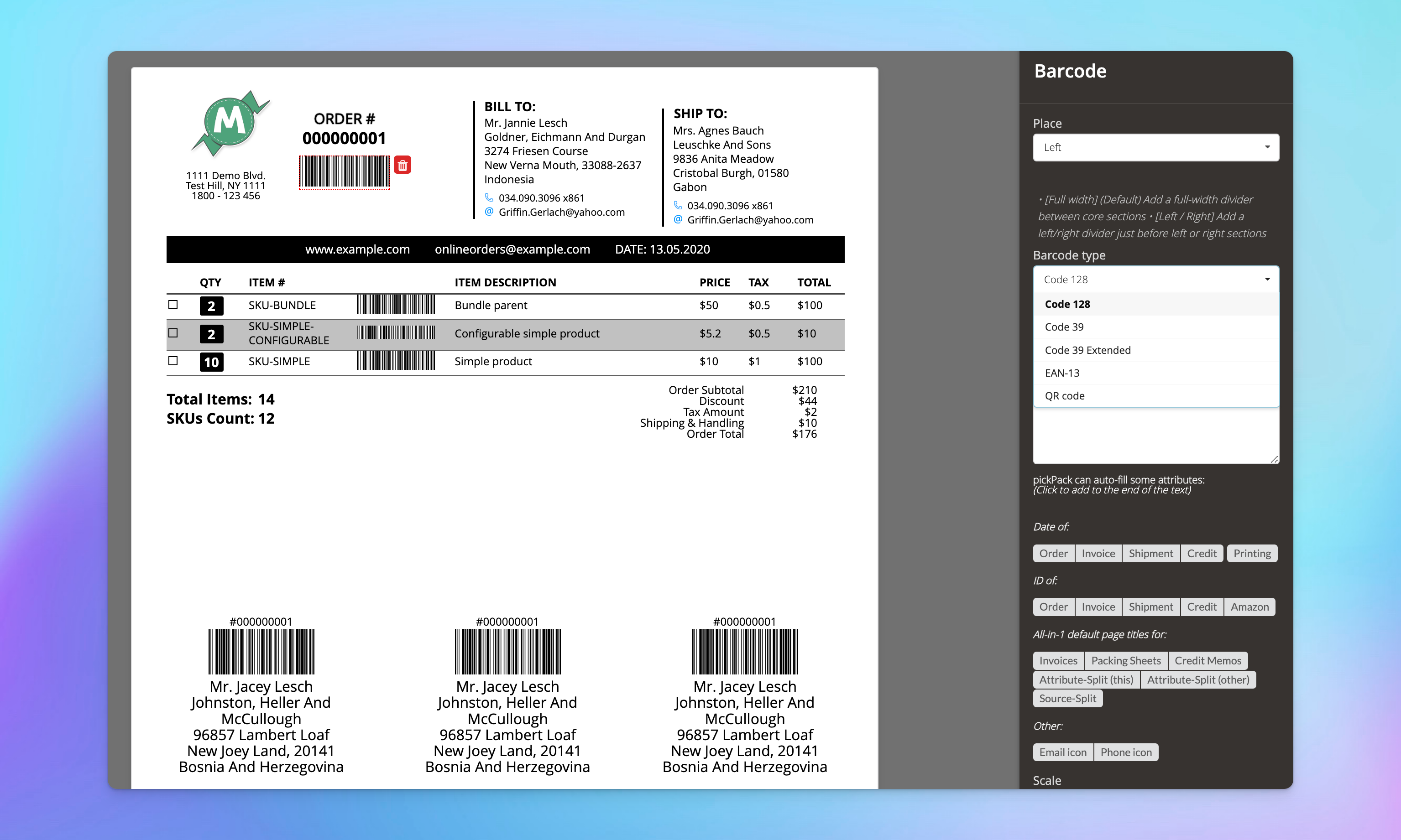 pickpack barcodes