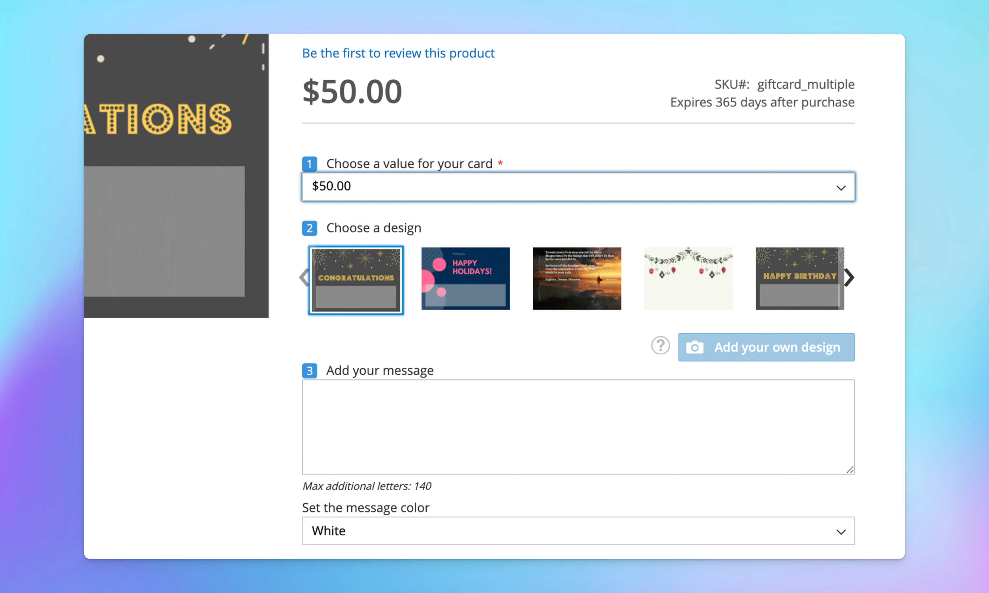 custom frontend giftcards