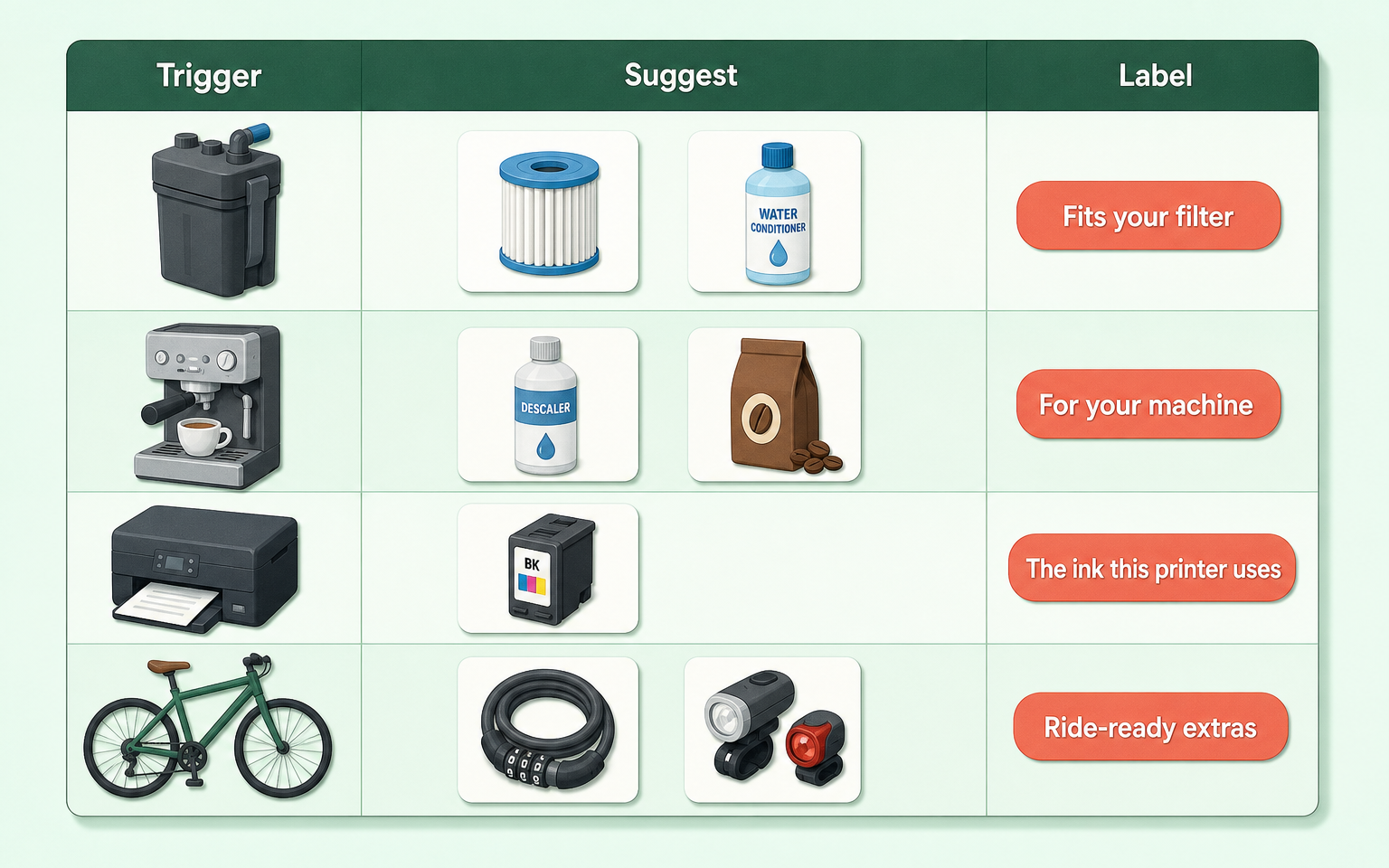 Admin-style table of recommendation rule examples for aquarium, coffee, printer and bicycle categories showing trigger, suggested products and label for each